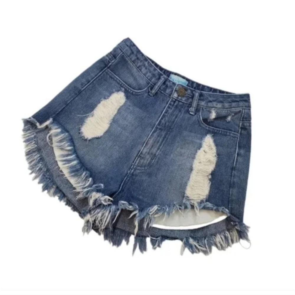 Mumu blue high waist raw hem distressed jeans shorts